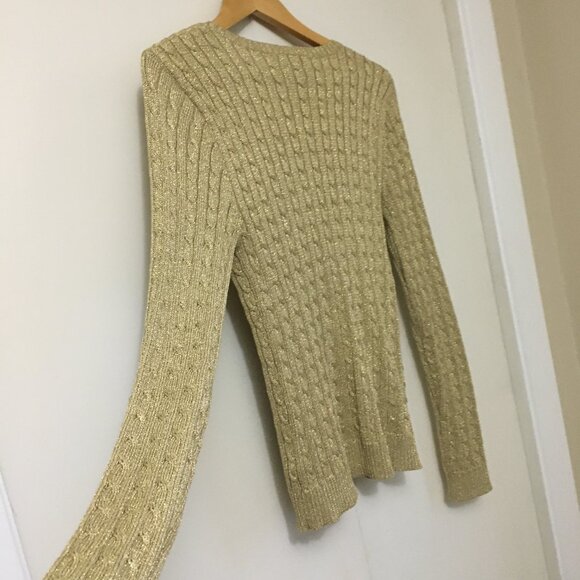 Ralph Lauren Silk Festive Golden Cable Knit V-Neck Sweater - Picture 4 of 13